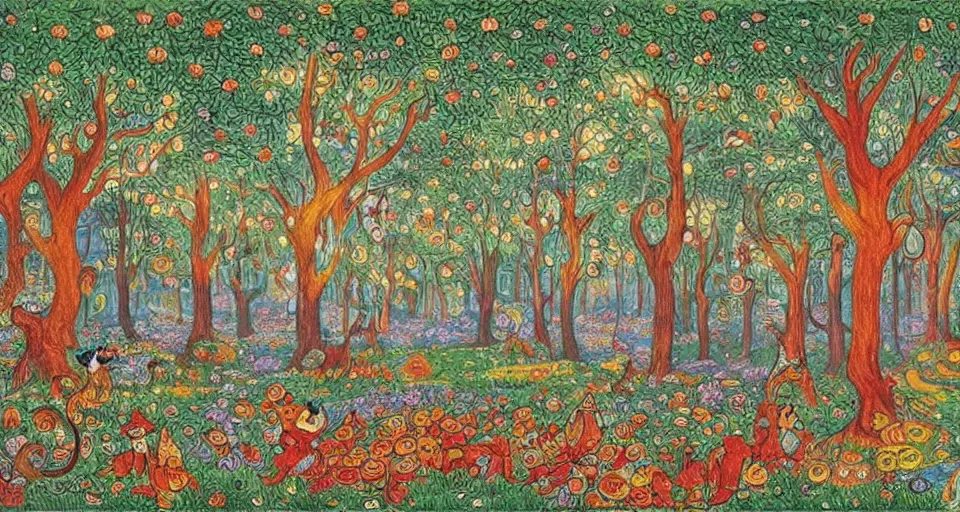 Prompt: Enchanted and magic forest, by Louis Wain