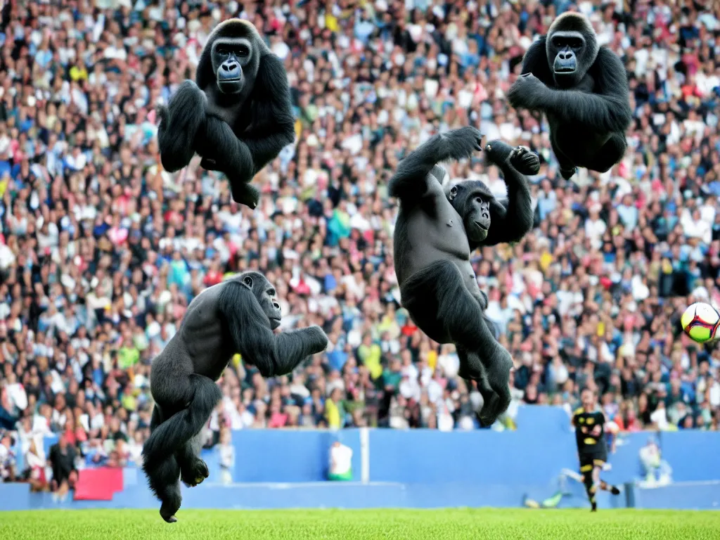 Image similar to a gorilla jumping to head the ball on a corner kick, vivid