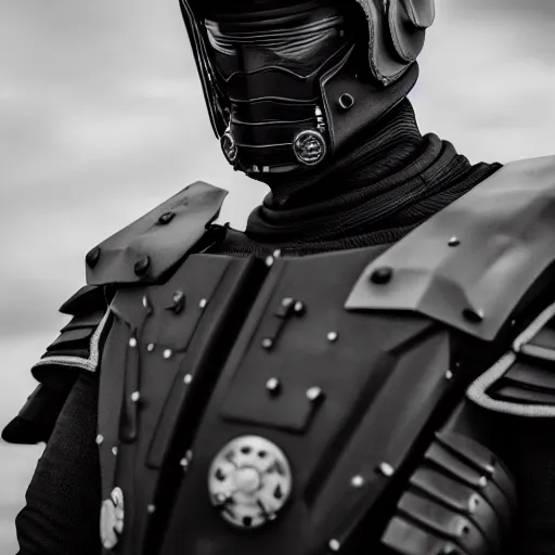 Prompt: portrait photograph of black spaceship pilot battle armor. super resolution. 85 mm f1.8 lens.bokeh.graflex. Alessio albi