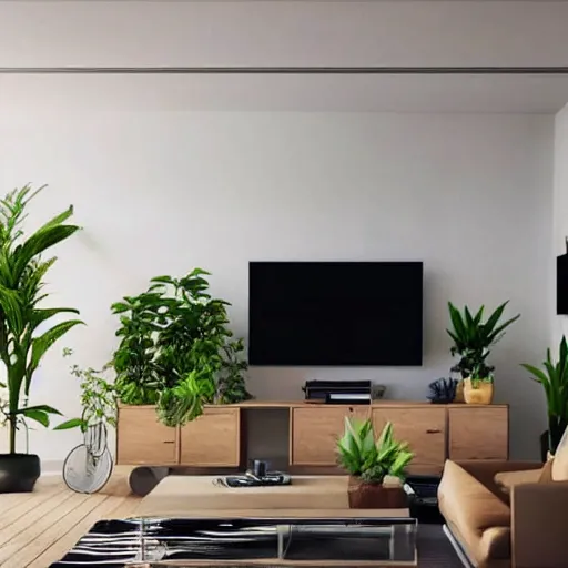 Image similar to a 5 0 meter living room with big television and two plants and pictures on the wall and wall watch unrealengine