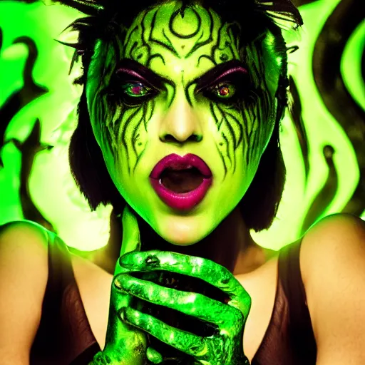 Prompt: a portrait photo of a poison themed female villain, glowing green, poison dripping, poison teeth, detailed character design, maximalist