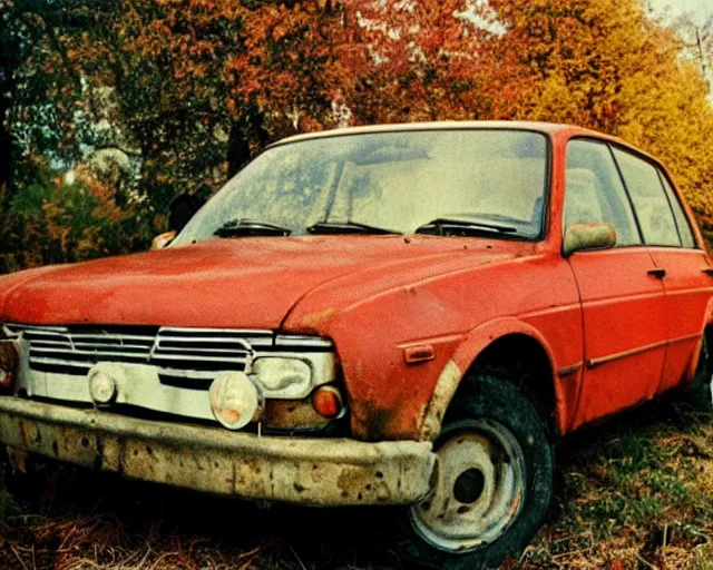 Image similar to a lomographic photo of old lada 2 1 0 7 standing in typical soviet yard in small town, autumn, cinestill, bokeh