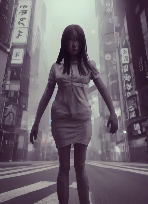 Image similar to portrait of demonic girl with no head, middle of the crowded tokyo street, photorealistic, canon r 3, symmetry, octane render, unreal engine, dramatic lights