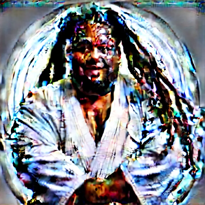 Image similar to photo of an overweight black man with dreads wearing a gi, doing martial arts, 4 k