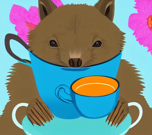 Image similar to awesome colourful digital painting of a wombat sipping a cup of tea