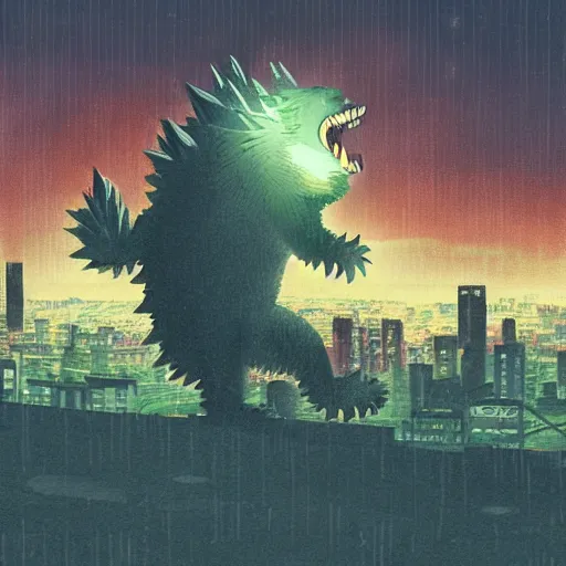 Image similar to a chow chow fighting godzilla in night time tokyo in the style of simon stalenhag