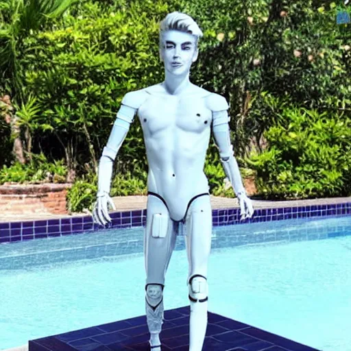 Prompt: “a realistic detailed photo of a guy who is an attractive humanoid who is half robot and half humanoid, who is a male android, twitch streamer Ninja Tyler Blevins, shiny skin, posing like a statue, blank stare, by the pool as a pool boy , display”