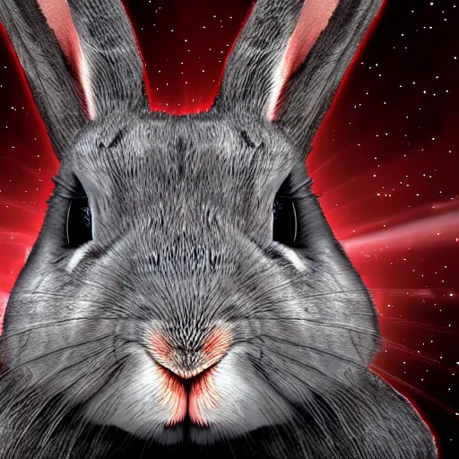 Image similar to serious rabbit's face only made by nebula space, higher realistic