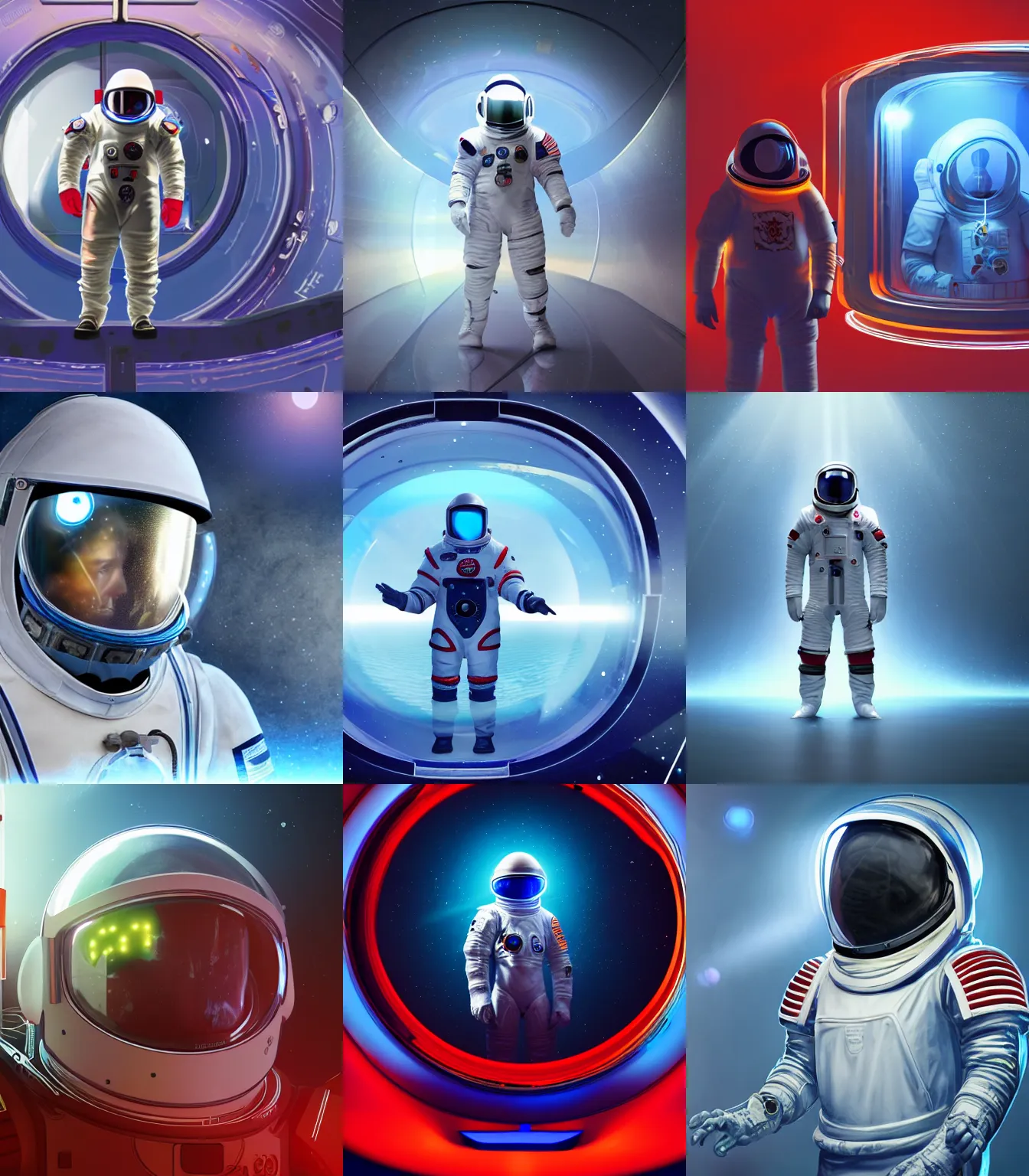 Prompt: Knights Templar in a space suit, futuristic astronaut, clear helmet with HUD and small LED lights, inside large window of ship, spacesuit with small led lights, underwater in the ocean at night, clear water, bubbles, volumetric lighting, blue and red glowing lights, 4k, octane, digital painting, artstation, concept art, sharp focus, illustration, high contrast, high saturation , cinematic film still, art by artgerm and greg rutkowski and alphonse mucha , wide angle view