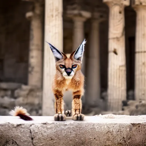 Image similar to a cinematic film still of a claymation stop motion film starring cute fluffy caracal near wooden barrel, ancient greek city, marble temple columns, olive trees, shallow depth of field, 8 0 mm, f 1. 8