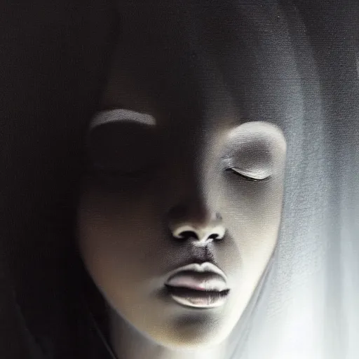 Image similar to a portrait of a young black woman wearing a long dark cloak, hood and shadows covering face, anatomically correct, beautiful perfect face, enigmatic, oil painting, matte painting, black background, Volumetric dynamic lighting, Highly Detailed, Cinematic Lighting, Unreal Engine, 8k, HD, by Beksinski