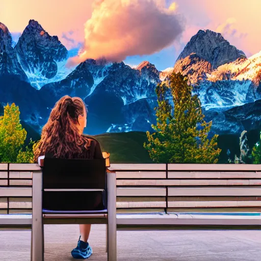 Image similar to digital drawing of a female software developer sitting outside in front of a modern campus building with beautiful mountains in the background, summer, alps, 4k, unreal, digital health, cartoon