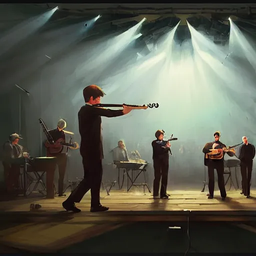 Prompt: the wolfe tones performing music on stage 4 k, concept art, by wlop, ilya kuvshinov, artgerm, krenz cushart, greg rutkowski, pixiv. cinematic dramatic atmosphere, sharp focus, volumetric lighting, cinematic lighting, studio quality