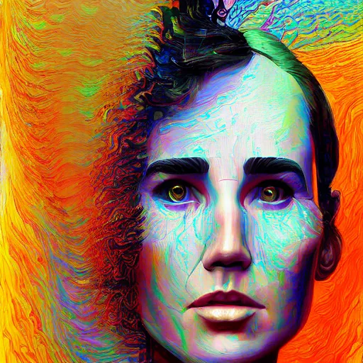 Prompt: Fractal digital glitch portrait of Jennifer Connelly, very coherent, painted by Edward Hopper, Wayne Barlowe, painted by James Gilleard, airbrush, art by JamesJean