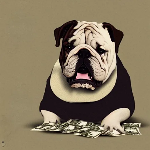 Image similar to english bulldog in pile of money, artstation