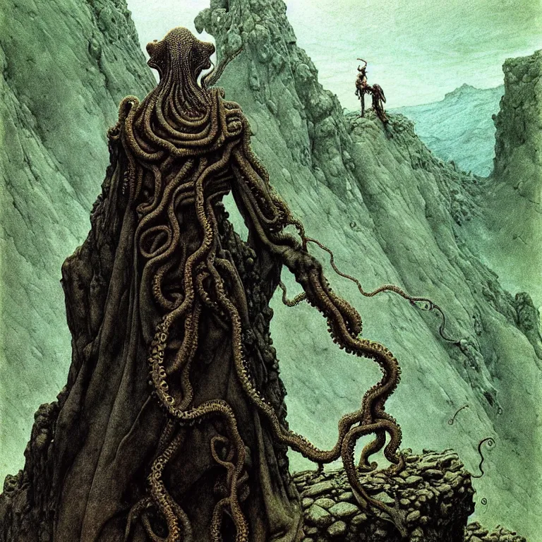 Prompt: A detailed green-eyed tentacleheaded human stands among the mountains with a pebble in hands. Wearing a ripped mantle, robe and boots. Extremely high details, realistic, fantasy art, solo, masterpiece, art by Zdzisław Beksiński, Arthur Rackham, Dariusz Zawadzki