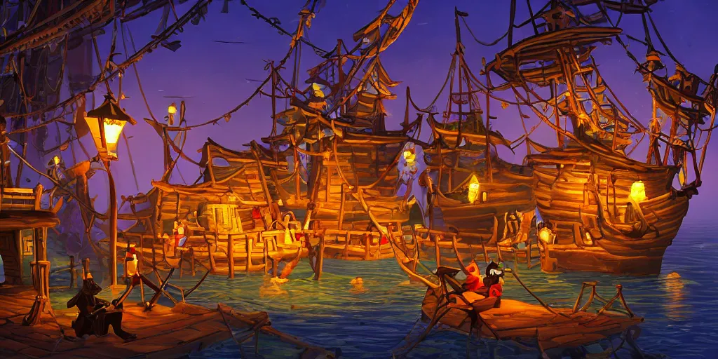 Prompt: a night scene from game monkey island I