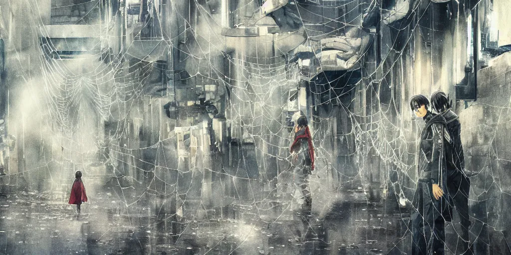 Image similar to anime movie scene, mamoru oshii, otomo, ultra wide, vanishing point, hoody woman explorer, watercolor, spiderwebs, arachnophobia, dripping, sewer pipe entrance, giant spider forground, sun beam, dusty volumetric light, back lit, paper texture, puddles, deserted shinjuku junk, brutalist, golden ratio