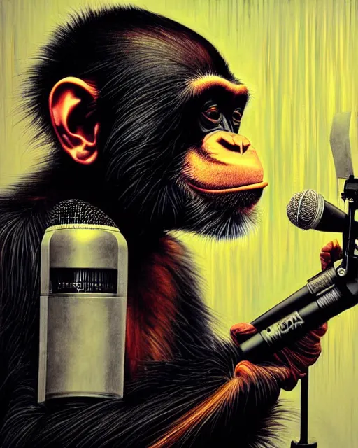 Image similar to a portrait of an anthropomorphic cyberpunk chimp singing into a microphone on a stand by sandra chevrier, by jon foster, detailed render, tape deck, epic composition, cybernetics, 4 k realistic, cryengine, realistic shaded lighting, sharp focus, masterpiece, by enki bilal