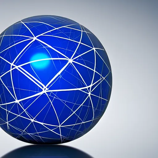 Prompt: A hyper-realistic dark blue glass sphere containing a white glowing fractal symbol. Black background