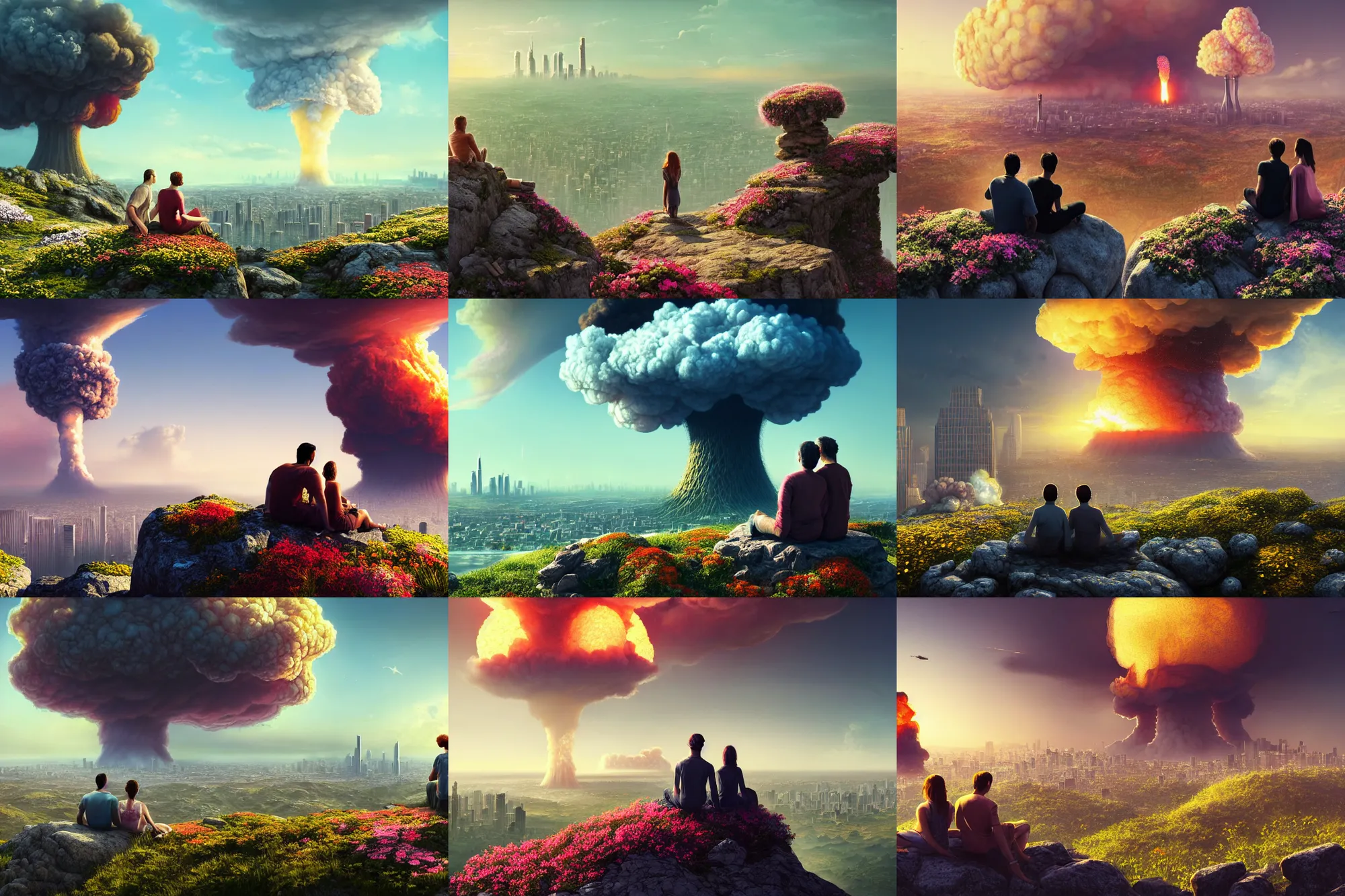 Prompt: a man and a woman sitting together on top of a rock covered hillside with flowers watching a nuclear explosion in a distant city with skyscrapers, a detailed matte painting by filip hodas, sharp focus, cgsociety, fantasy art, cinematic, artstation hq, vfxfriday, dystopian art, octane render, unreal engine 5