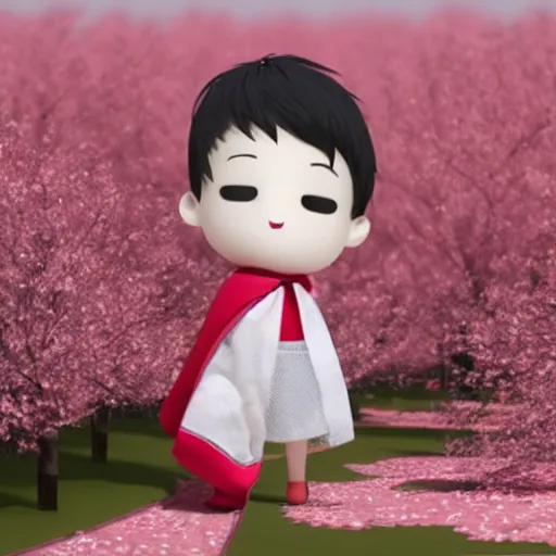 Image similar to cute fumo plush of a boy in the middle of a cherry blossom grove in bloom, kimono, particle simulation, vray