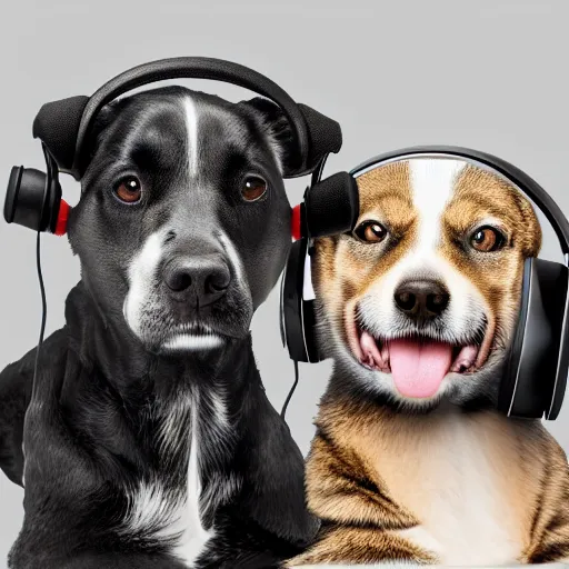 Prompt: a photorealistic dog and cat wearing headphones smiling, 8 k resolution, studio lighting, highly detailed, hyperrealism, realistic