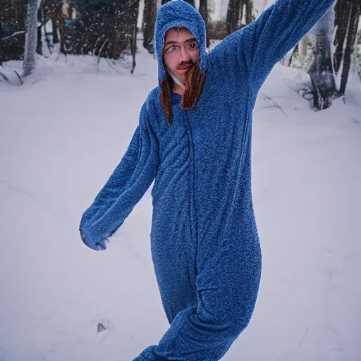 Prompt: An adult wearing a onesie in winter, realistic,photograph