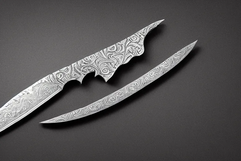 Prompt: an elaborate highly detailed engraved damascus steel knife forged by ancient dwarfs on a stand in a studio lit black backdrop, product photography, instagram, lotr, unreal engine 5, octane render, 3 d, realisitc, award winning, artgem, rule of thirds