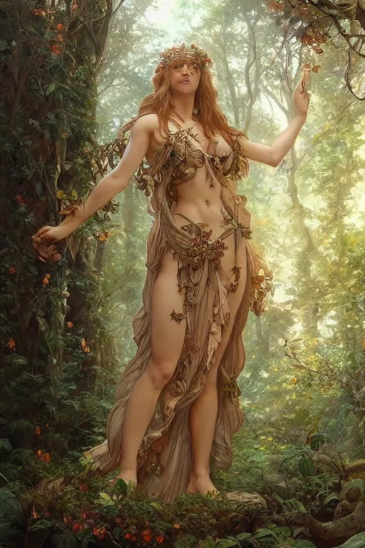 Prompt: beautiful cottagecore aphrodite goddess!!, intricate, magical forest, stunning, highly detailed, digital painting, artstation, concept art, smooth, sharp, focus, illustration, art by artgerm and greg rutkowski and alphonse mucha