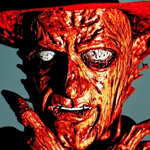 Prompt: close up of Freddy Krueger's face, holding his hand with blades in front of his face, dramatic low-key red lighting, black background, editorial photo from movie magazine,
