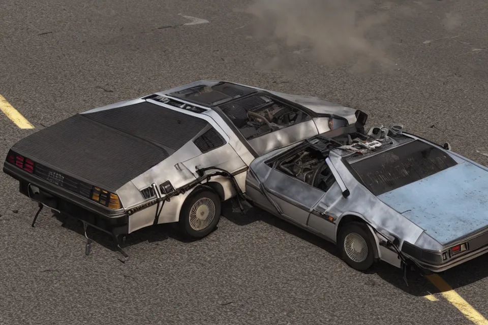 Image similar to ultra realistic delorean dmc 5 and toyta trueno ae 8 6 do parallel drift on road wreckage orbiting earth in space, dark cinematic, volumetric, realistic, 3 d render, realistic render, cinematic lighting, volumetric lighting, atmospheric, cinematic, unreal engine 5, unreal engine render, octane render, hd, photorealism, hyper realistic, 8 k