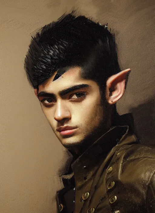 Prompt: head and shoulders portrait painting of young man who looks like zayn malik as an elf by jeremy mann, wearing leather napoleonic military style jacket, only one head single portrait, pointy ears