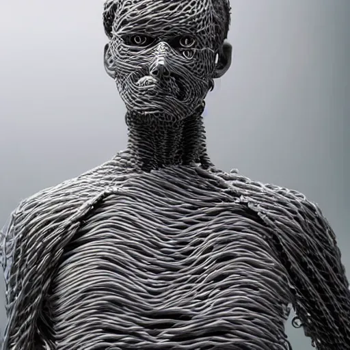 Prompt: a person made out of usb cables, body shot, realistic shot, intricate details, ultra - realistic, atmospheric shot.