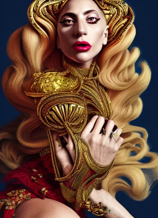 Image similar to lady gaga : : by sandro botticelli : : ornate, dynamic, particulate, rich colors, intricate, elegant, highly detailed, vogue, harper's bazaar art, fashion magazine, smooth, sharp focus, 8 k, octane render,