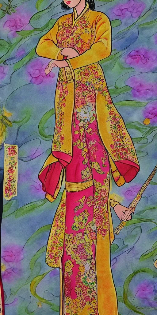 Image similar to silk painting of beautiful vietnamese princess wearing vietnamese ao dai, 2 d game character design, in the style of lam manh