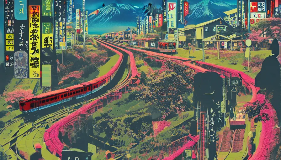 Image similar to Japan rural splendor rail travel and touring c2050, surrealist psychedelic photo-collage painting spot illustration in the style of Newsweek magazine, +81 magazine, muted deep neon color