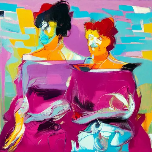 Prompt: a portrait of two beautiful 3 0 year old sisters in a scenic environment by francoise nielly, francis bacon