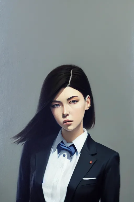 Image similar to a ultradetailed beautiful panting of a stylish woman wearing a oversized suit with a tie, oil painting, by ilya kuvshinov, greg rutkowski and makoto shinkai, trending on artstation