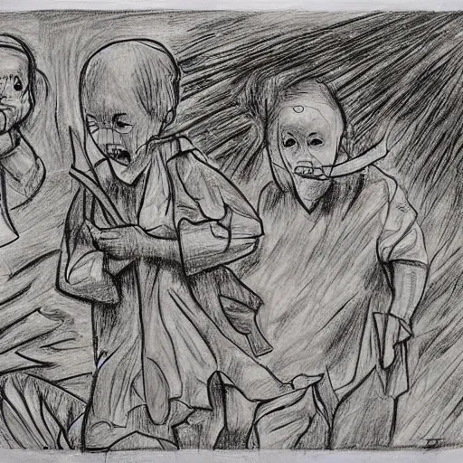 Image similar to abstract children’s drawing of the end of the world., horror,