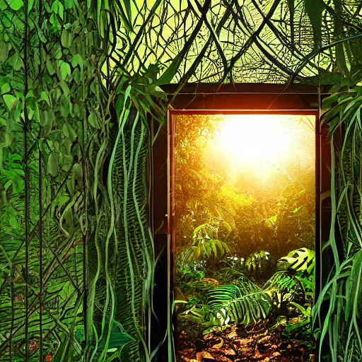 Prompt: sunrise in a tropical jungle, lighting a door that is overgrown with vines, leaves on the ground, small window with a light inside, sun rays, beautiful steel wall covered in geometric artwork, extreme detail, 8k