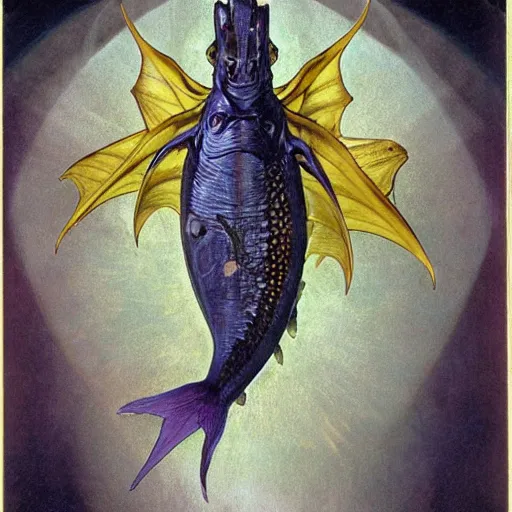 Image similar to a single fantasy hybrid animal with features the body of an armored catfish, fins and feet a sea robin, and the skin and gills of a lamprey that has six large black eyes the animal is swiming in dark blue and purple toned water in a jagged rocky landscape by alphonse mucha and brian froud.