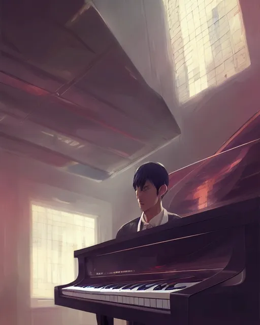 Image similar to a man fused with a piano instrument machine, detailed, cell shaded, 4 k, warm colours, concept art, by wlop, ilya kuvshinov, artgerm, krenz cushart, greg rutkowski, pixiv. cinematic dramatic atmosphere, sharp focus, volumetric lighting, cinematic lighting, studio quality