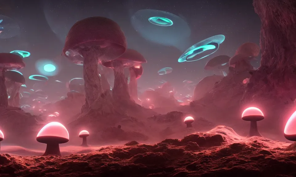 Image similar to large bioluminescent mushrooms on an alien landscape with glowing spores, atmospheric lighting, unreal engine 5, uhd wallpaper 4k