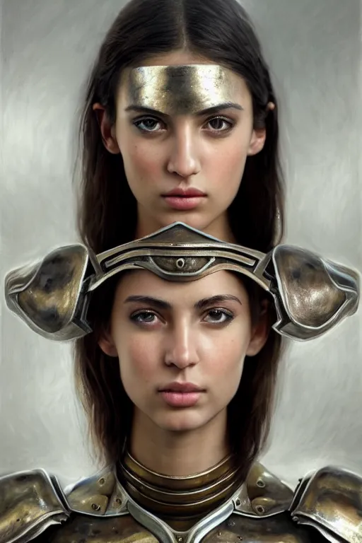 Image similar to a photorealistically painted portrait of an attractive young girl, partially clothed in metal-plated battle armor, with an abstractly painted background, flawless olive skin, fair complexion, long dark hair, beautiful bone structure, perfectly symmetric facial features, perfect photorealistic eyes, natural physique, intricate, elegant, digital painting, concept art, finely detailed, beautifully illustrated, sharp focus, minimal artifacts, volumetric lighting, from DOOM and Halo, by Ruan Jia and Mandy Jurgens and Artgerm and William-Adolphe Bouguerea, in the style of Greg Rutkowski, trending on Artstation, award winning art