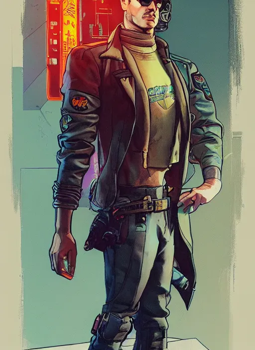 Image similar to cyberpunk police detective. portrait by mœbius and will eisner and gil elvgren and pixar. realistic proportions. cyberpunk 2 0 7 7, apex, blade runner 2 0 4 9 concept art. cel shading. attractive face. thick lines.