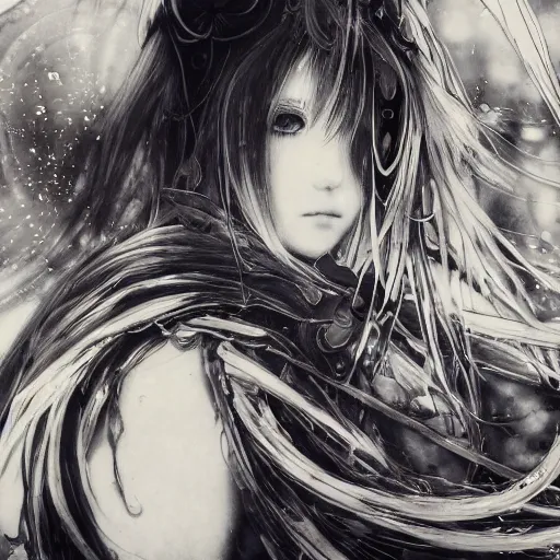 Image similar to Yoshitaka Amano blurred and dreamy illustration of an anime girl with pirate eye patch, wavy white hair and cracks on her face wearing Elden ring armour with the cape fluttering in the wind, abstract black and white patterns on the background, noisy film grain effect, highly detailed, Renaissance oil painting, weird portrait angle