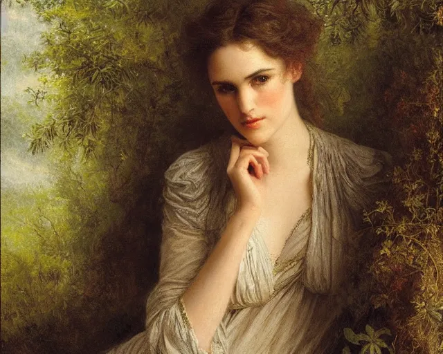 Image similar to portrait en buste of winona ryder kiera knightley in repose by Hughes Merle, by Pierre Auguste Cot, perfect detailed eyes, realistic fabric, abundant detail, dramatic pose