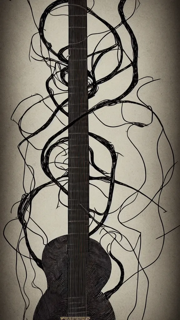 Image similar to a guitar with long thick vines wrapping around it, fantasy art, art station, grey background,