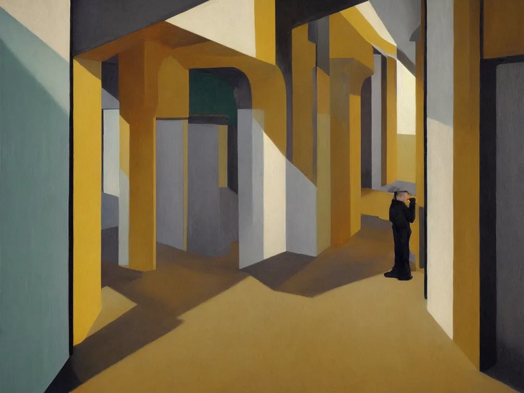 Image similar to colorful minimalist industrial interior hallway with monolithic pillars in the style of ridley scott and stanley kubrick, impossible stijl architecture, ultra view angle view, lone person in the distance, realistic detailed painting by edward hopper